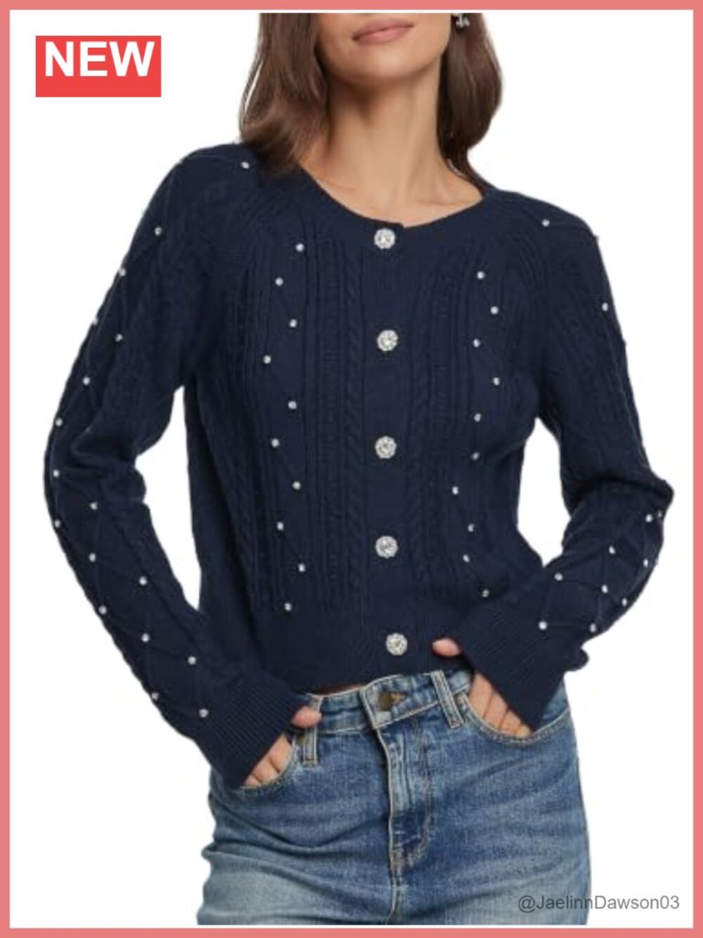 Cropped Cardigan Rhinestone Button Front Cable Knit Sweater
